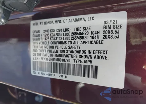 2021 Honda Passport Awd Touring z USA, uszkodzony, nr VIN 5FNYF8H99MB018720